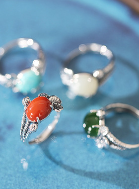 荷叶荷花银戒指925纯银饰品新款石女复古做旧四爪和田玉食指戒