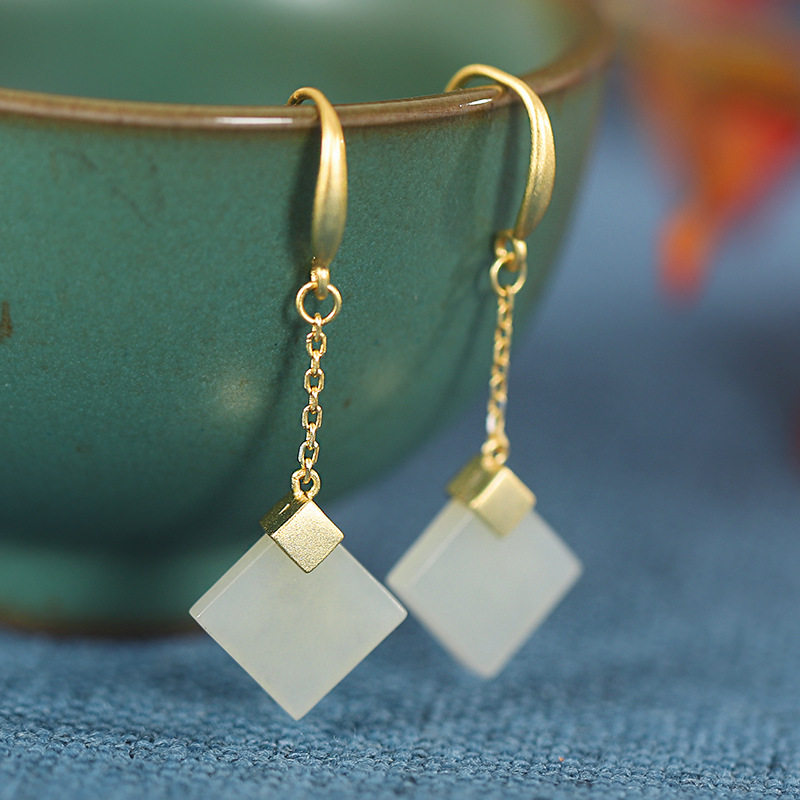 S925纯银方形女士耳钩吊简约几何方形菱片时尚镶嵌和田玉耳饰耳线