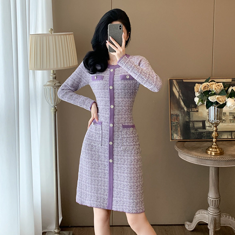 十三行女装秋冬季新款名媛气质小香风针织连衣裙紫色A字毛衣裙子