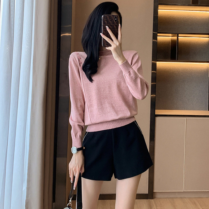 薄款冰丝针织衫女长袖t恤套头女士百搭打底衫亮丝修身女士上衣潮