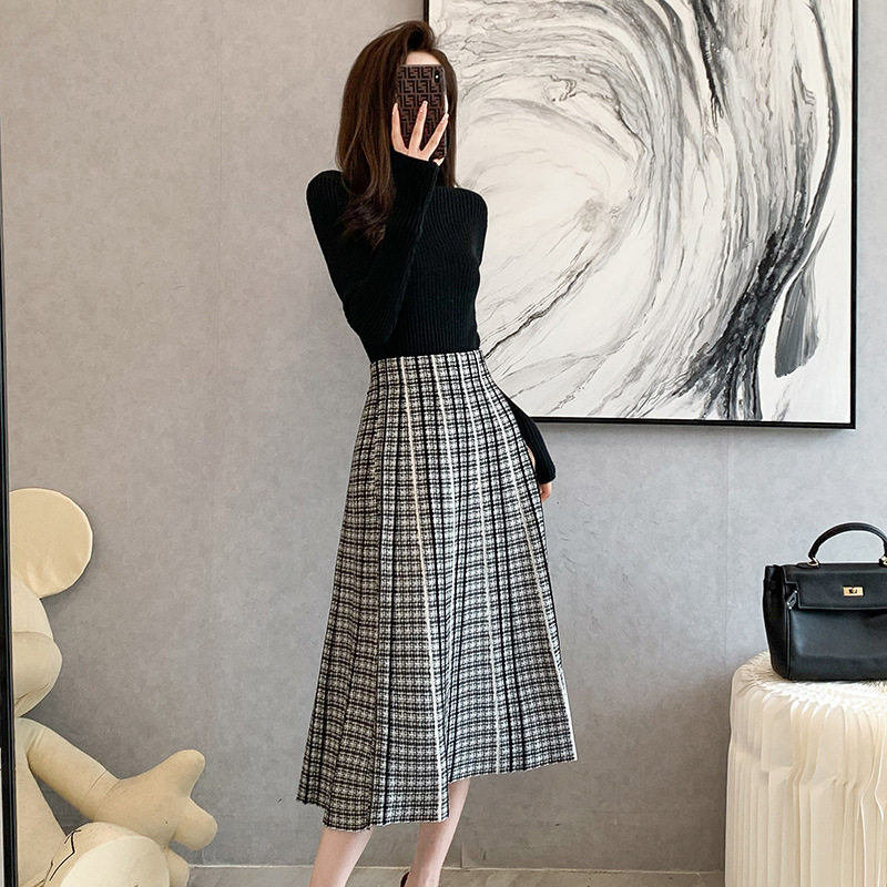 针织半身裙女2022秋冬季新款韩版高腰百搭显瘦中长款a字毛衣裙子