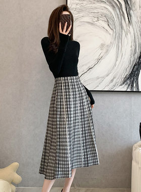 针织半身裙女2022秋冬季新款韩版高腰百搭显瘦中长款a字毛衣裙子