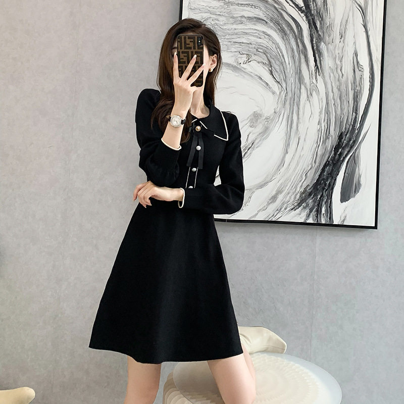 黑色针织连衣裙女2022秋季新款法式复古气质收腰长款赫本风小黑裙