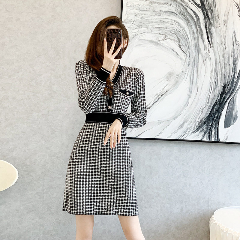十三行高端女装新品针织连衣裙女2022秋冬装长袖打底A字毛衣裙子