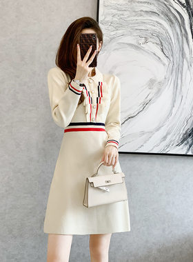 名媛小香风连衣裙女2022秋冬季新款气质高腰A字针织打底毛衣裙子