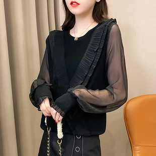 早秋针织衫女2021韩版新款纯色内搭圆领雪纺长袖套头打底衫女上衣