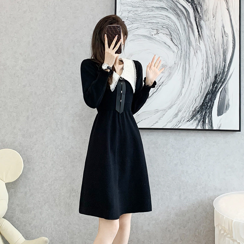 娃娃领针织连衣裙女2022秋冬季韩版女装新款高腰打底A字毛衣裙子