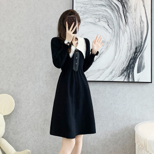 娃娃领针织连衣裙女2022秋冬季韩版女装新款高腰打底A字毛衣裙子