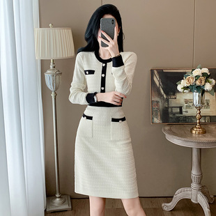法式小香风黑色针织气质连衣裙新款小个子秋冬内搭长袖打底毛衣裙