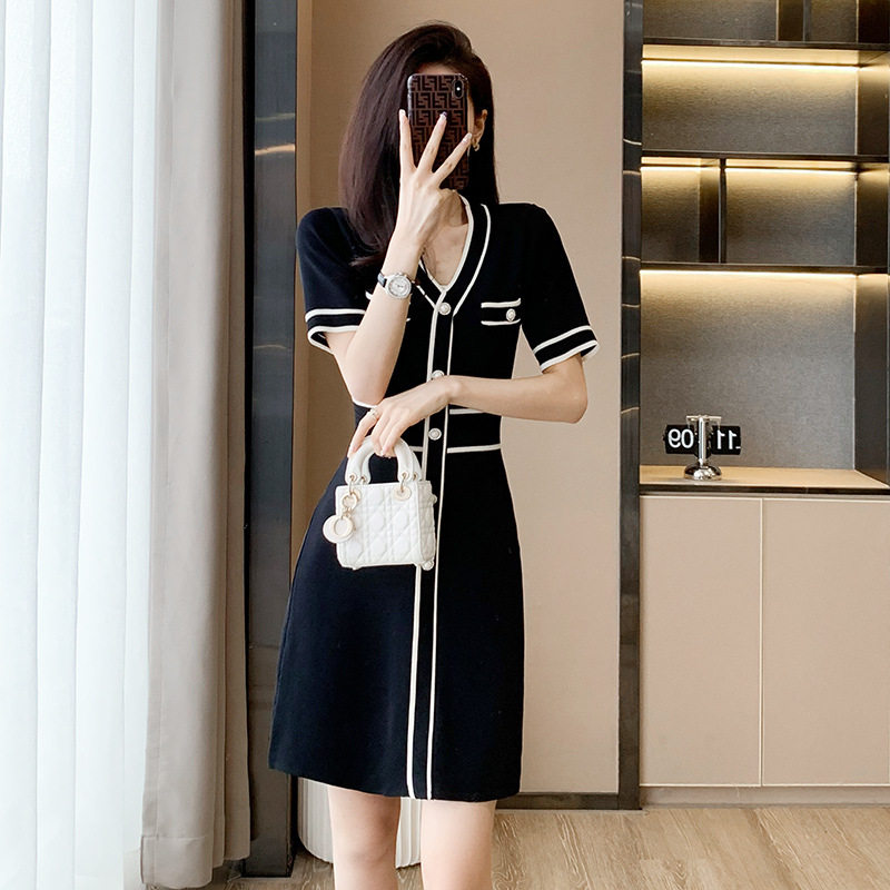 小香风针织小黑裙女2023夏季新品十三行高档女装短袖冰丝连衣裙子