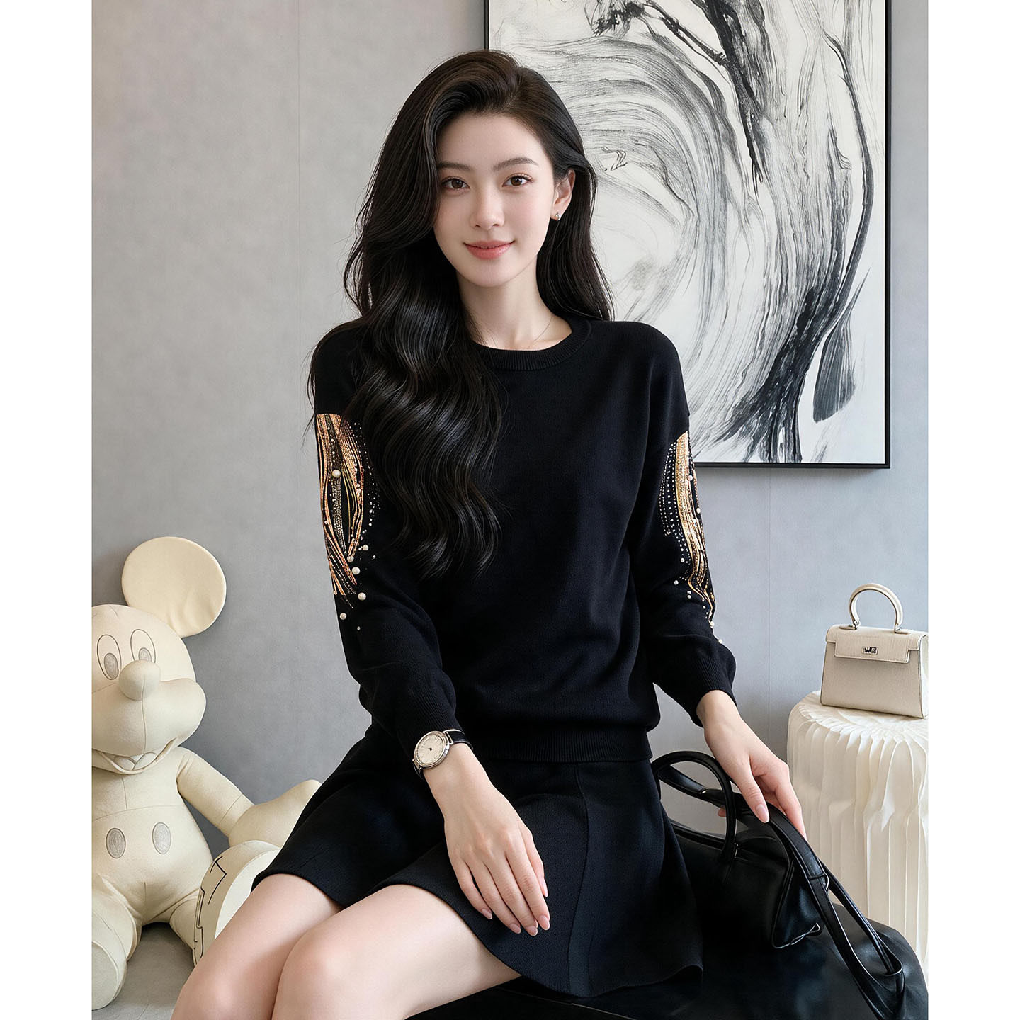 设计感亮片上衣半身裙针织两件套装裙女名媛小香风时尚休闲套装裙