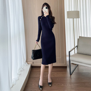 深圳南油高档女装针织连衣裙女秋冬季新款长袖宝蓝色包臀毛衣裙子
