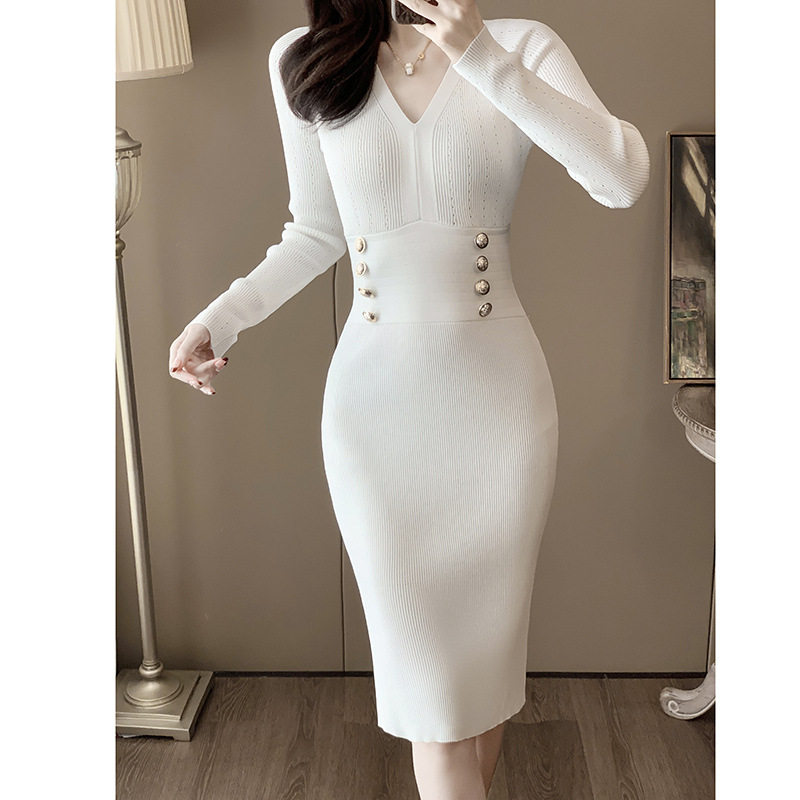 小香风白色连衣裙女夏季广州十三行女装V领长袖过膝冰丝包臀裙子