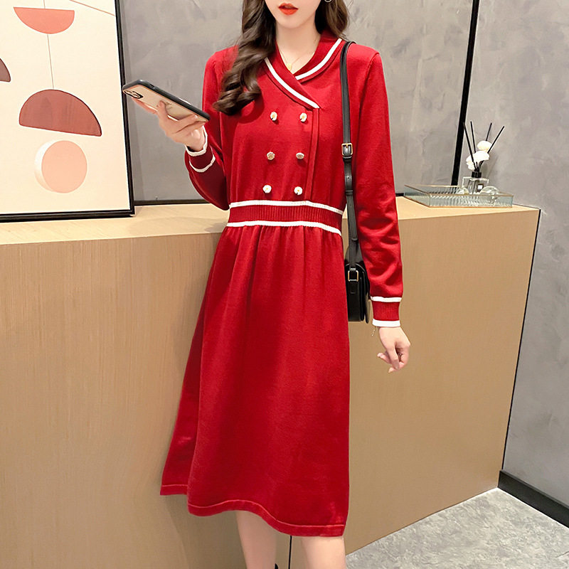 秋款女装 2022年潮流针织连衣裙条纹撞色中长款重新打底裙针织衫