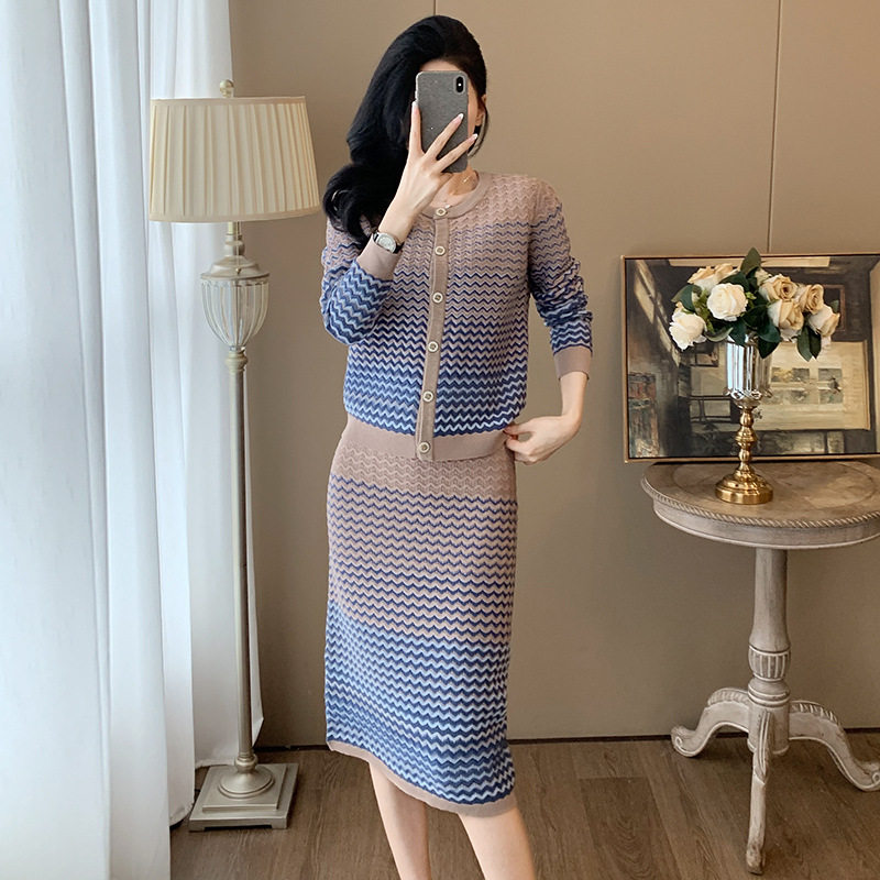 小香风针织两件套装裙女气质高级感开衫过膝包臀裙时尚休闲套装裙