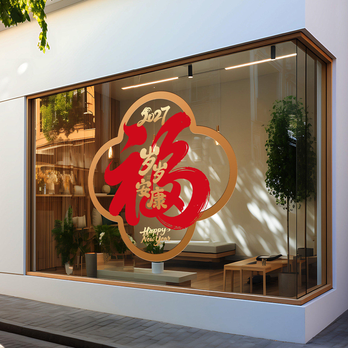 福字窗花简约剪纸玻璃贴双面喜庆羊年书法年画小区物业春节氛围贴