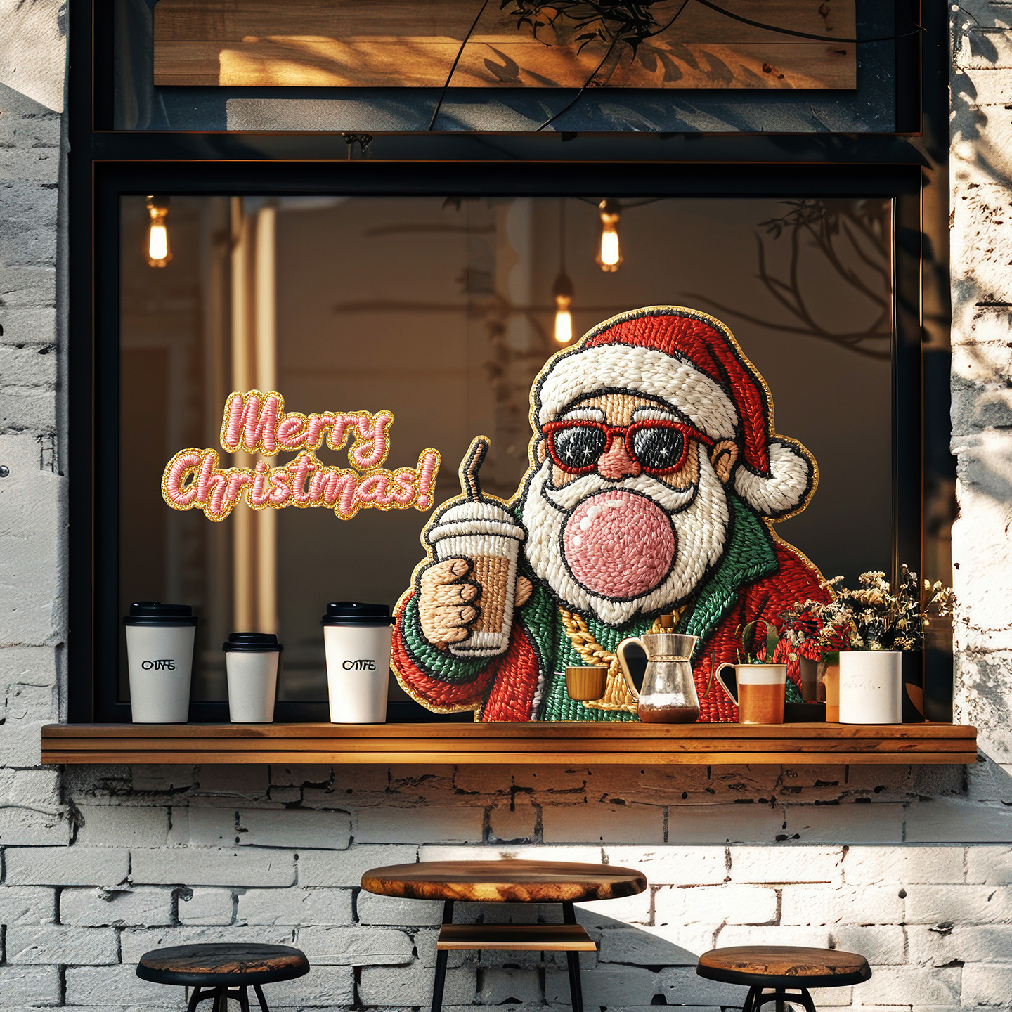 奶茶店圣诞节玻璃贴创意毛线风格圣诞老人喝饮品餐厅咖啡店布置贴