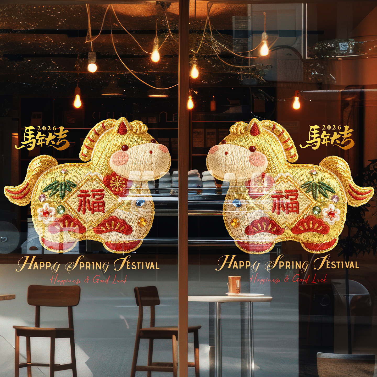 福马吉祥物窗花金色毛线刺绣风格2026马年新春玩偶风格静电玻璃贴
