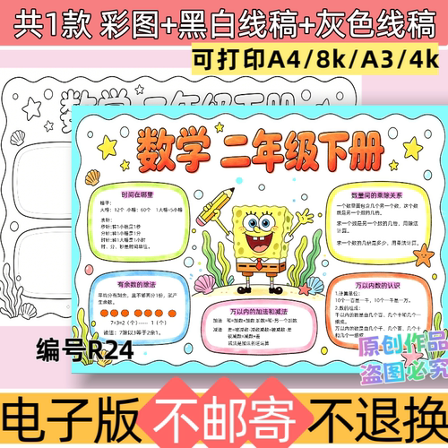 R24数学二年级下册总复习思维导图手抄报电子版模板黑白线稿