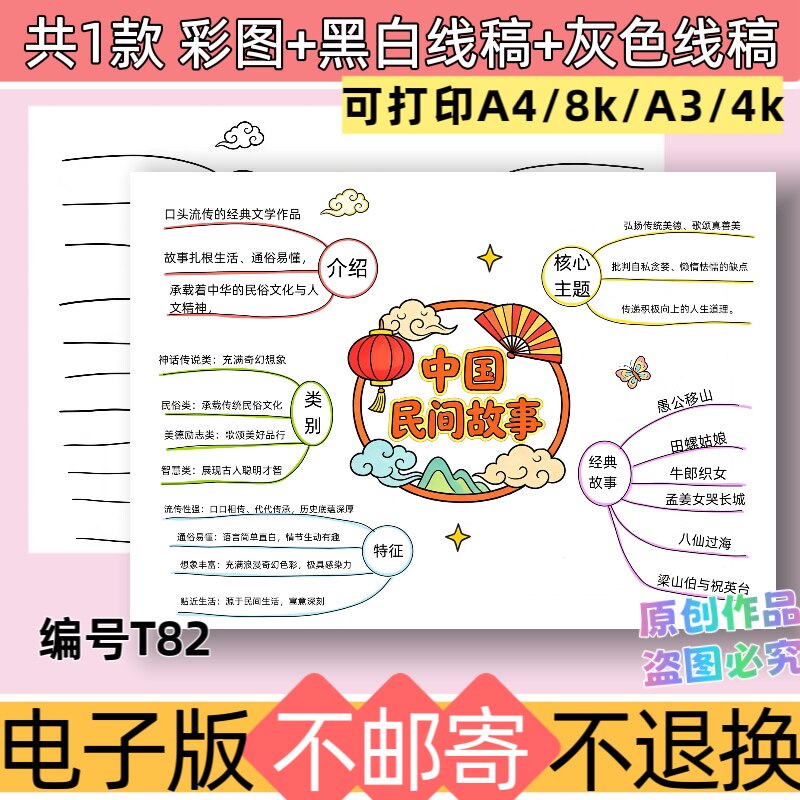 T82中国民间故事思维导图手抄报模板电子版黑白线稿可打印素材