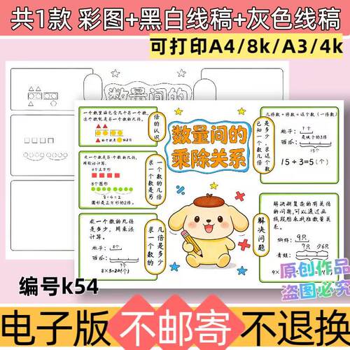 k54小学生数学数量间的乘除关系思维导图描边线稿手抄报模板素材