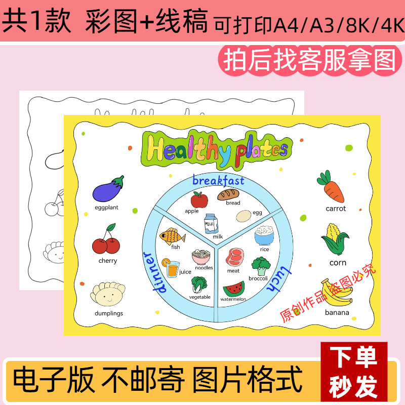 三年级英语下册healthy英语健康餐盘手抄报电子版线稿模板打印A4