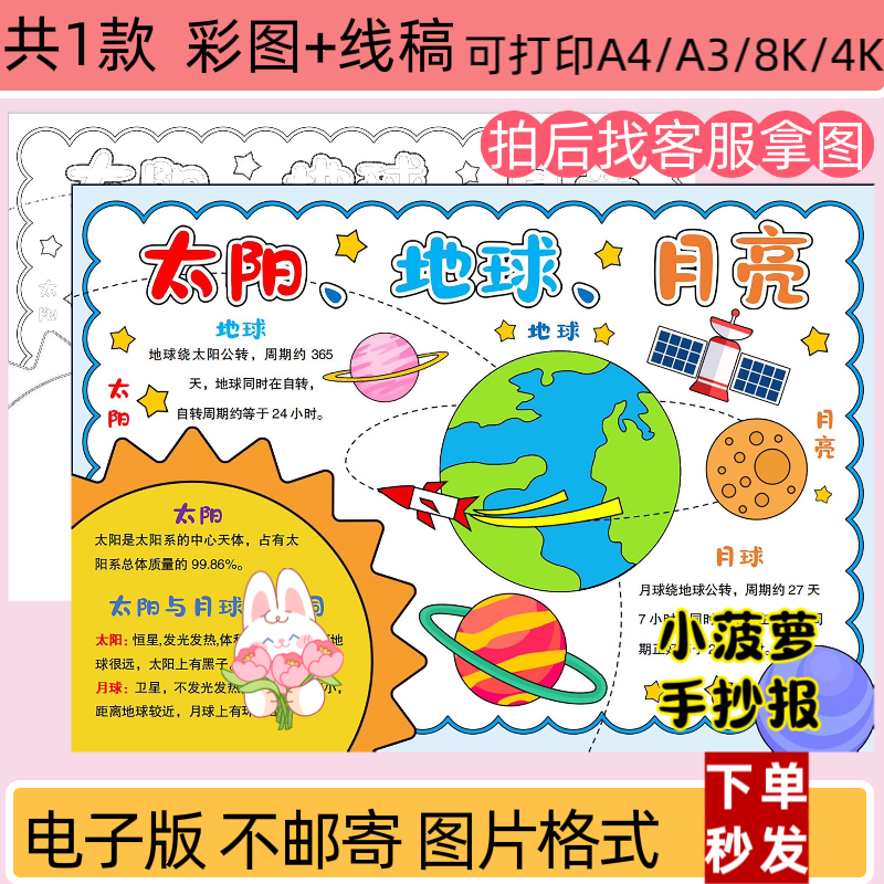 太阳地球和月球手抄报模板电子版小学生科学知识科普线稿打印