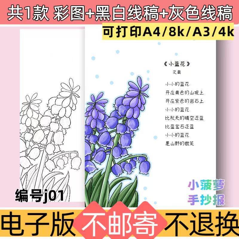 j01小蓝花现代诗配画主题手抄报模板电子版黑白线稿素材可打印