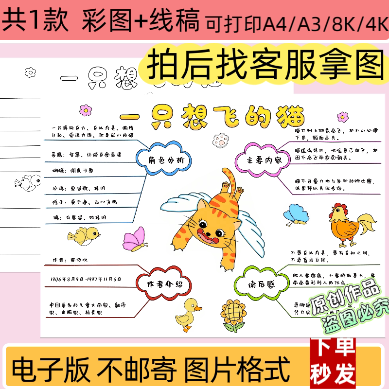 一只想飞的猫思维导图手抄报模板电子版小学生课外读物小报线稿