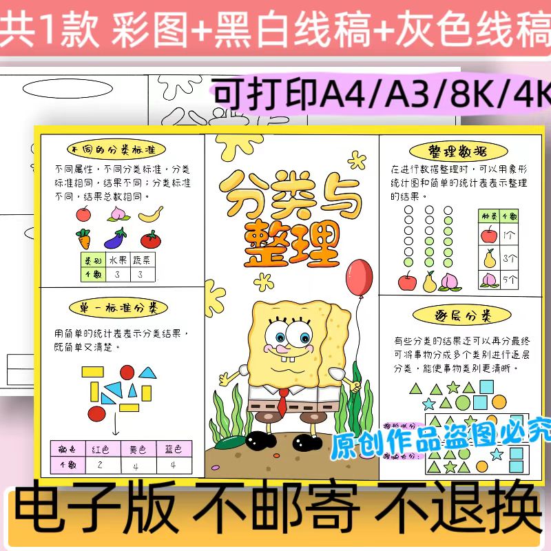 分类与整理思维导图黑白线稿电子版人教版二年级上册数学小报模板