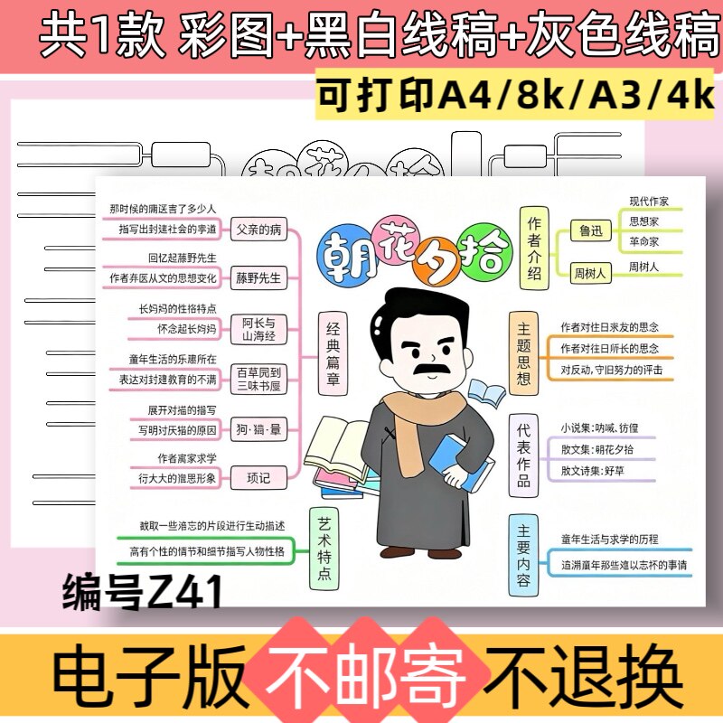 Z41朝花夕拾思维导图手抄报模板电子版好书推荐黑白线稿可打印