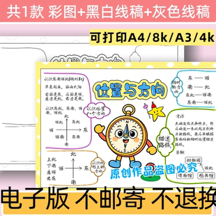 C43数学二年级上册位置与方向思维导图手抄报模板电子版 黑白线稿