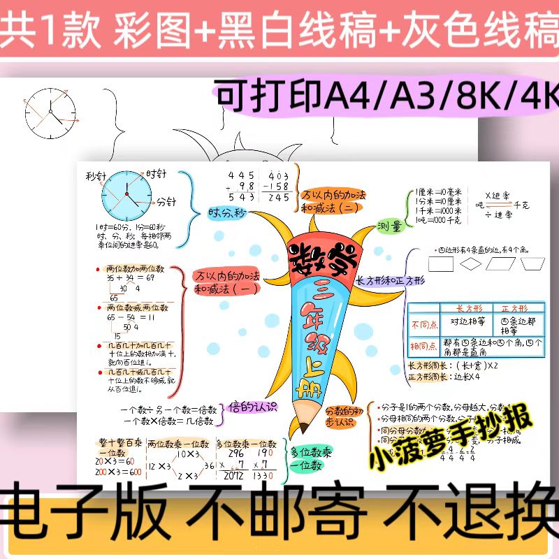 B12三年级上册数学知识点总结思维导图手抄报模板电子版黑白线稿