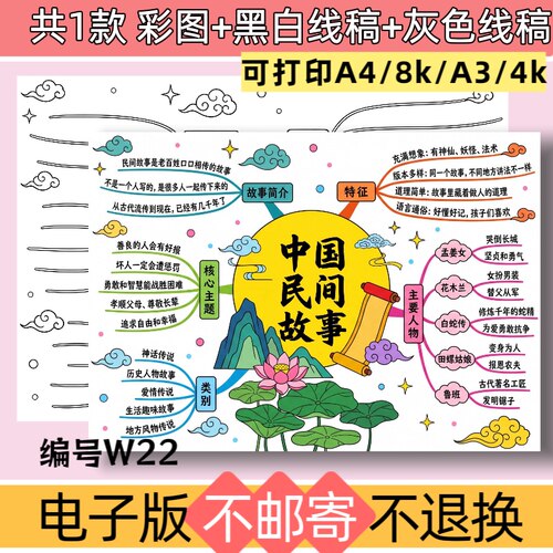 W22中国民间故事思维导图手抄报模板电子版好书推荐黑白线稿