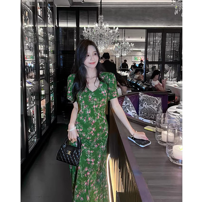 时尚法式显瘦真丝碎花连衣裙女