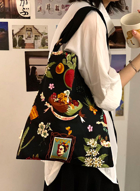 淳实原创小众ins超火油画个性包单肩手提帆夏布包包女拉链款百搭