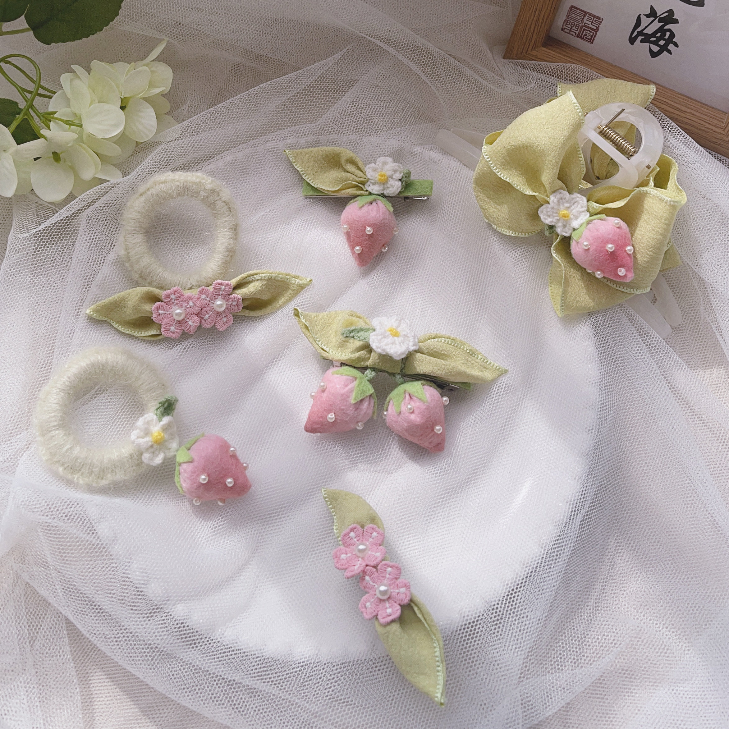 樱花草莓成品珍珠花朵发圈发夹侧边夹一字夹抓夹后脑门小众弹簧夹