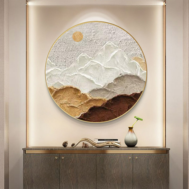 纯手绘油画背有靠山圆框画抽象肌理玄关客厅餐厅装饰画圆形挂画图片