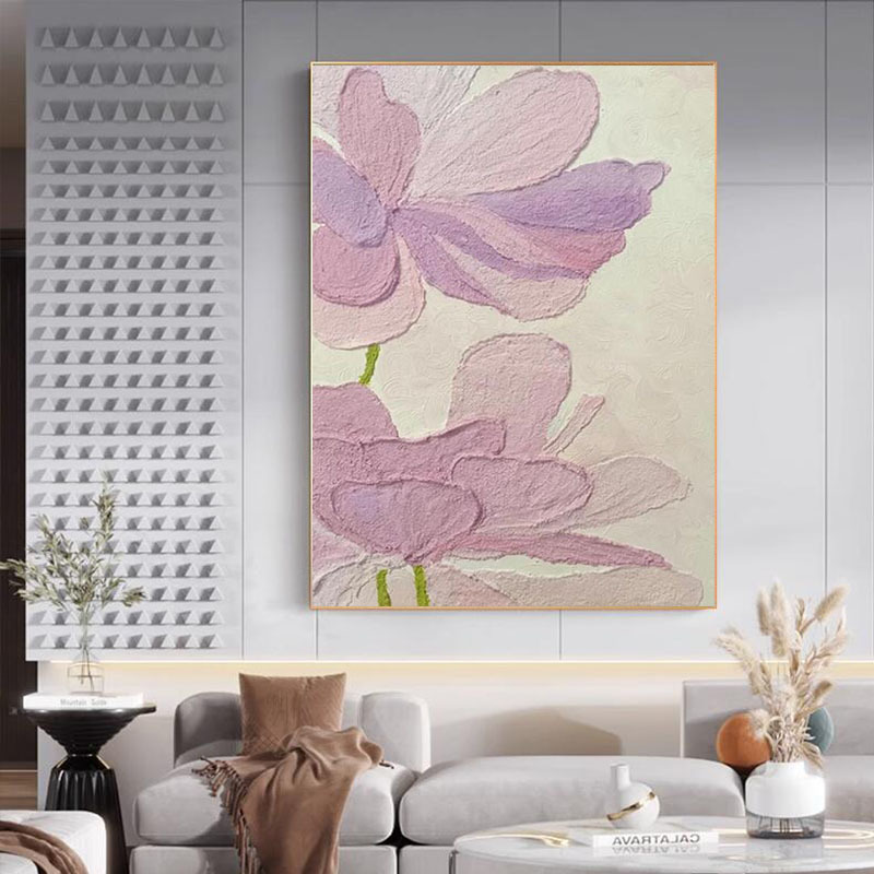 纯手绘油画莫兰迪紫色花卉客厅玄关装饰画厚肌理卧室儿童房挂画图片