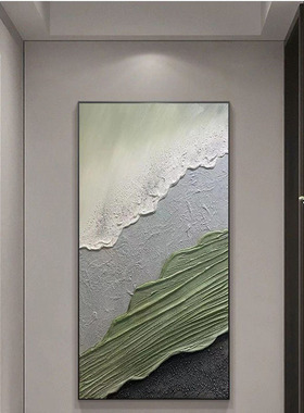 手绘油画沙滩海浪玄关装饰画现代立体肌理绿色抽象入户正对门