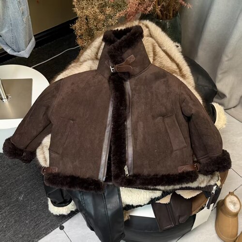 2025款超暖儿童秋冬装加绒外套冬款男女童时髦皮毛一体机车服保暖