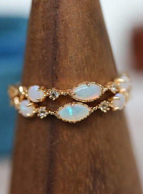 日系轻奢aget*e同款流光溢彩古法工艺天然石欧泊蛋白石戒指叠戴