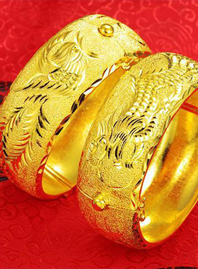 25mm龙凤手镯结婚三金手工雕刻暗扣仿真新娘镀24K金镯子陪嫁三金