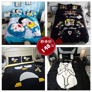 卡通单人三件套1.2米机器猫叮当猫床单天鹅绒贱猫四件套床上用品