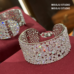 满钻宽版圆钻排钻手镯镯子手饰简约锆石百搭叠戴婚礼奢华配饰质感