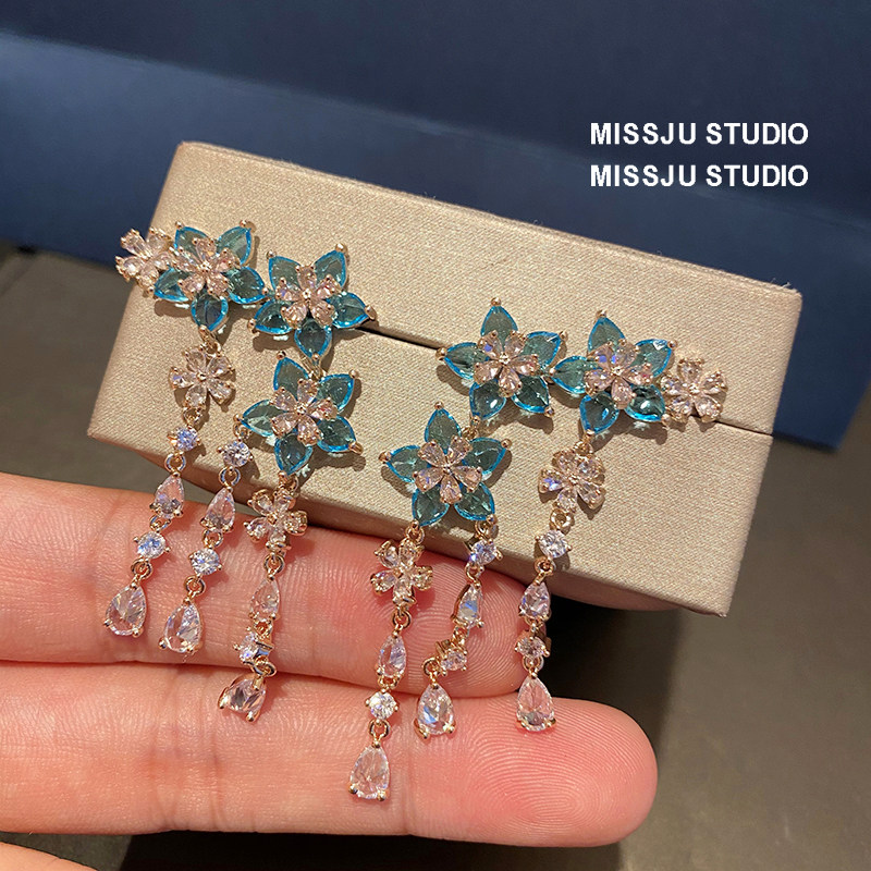 蓝色碎花花朵彩钻流苏吊坠耳环花簇花园系列森系仙气耳坠银针耳饰