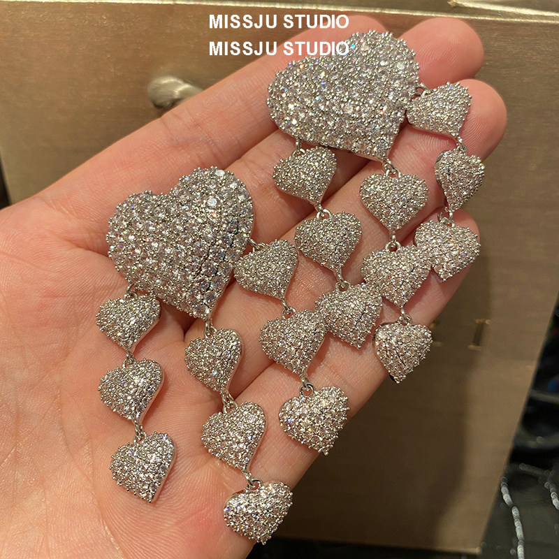 重工!白金色大爱心全锆石奢华耳环时尚ins节日礼物立体心形流苏