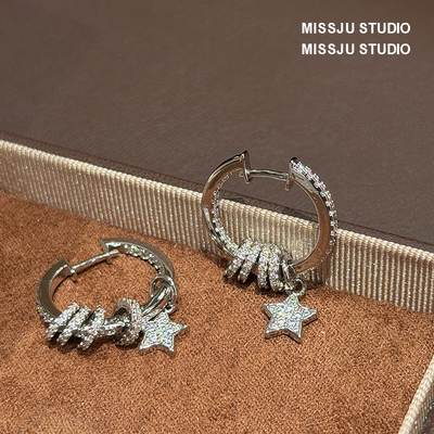 新中式时来运转环环相扣星星耳圈耳环女小众甜美银色耳圈时尚通勤