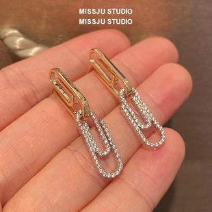镀双色金回形针耳钉女轻奢小众设计曲别针形耳环气质几何耳饰镶钻