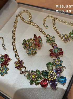 彩色锆石水晶项链耳环手链套装精致质感高级锁链女气质吊坠时尚